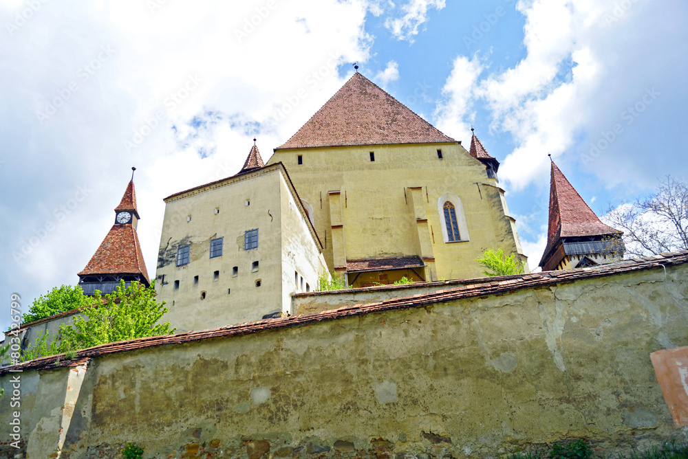 Bottom-up view of the fortified Biertan Church - an important historical and architectural landmark of Transylvania (Romania)