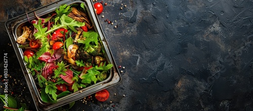 Food leftovers placed in a metal compost bin, promoting zero waste and a plastic-free approach. Captured from a top-down perspective with empty space for text. photo