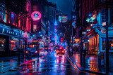 A nighttime image capturing the vibrant glow of neon tube signs in a busy city.