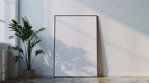 Vertical frame mock up and plant in pot. Blank photo frame. 3d rendering