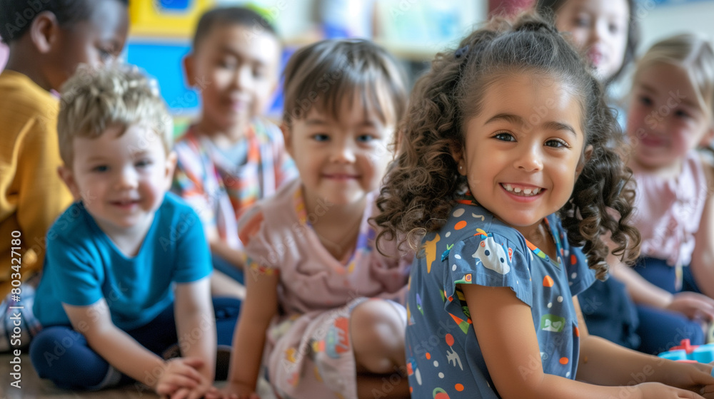 A diverse group of adorable kindergarten children in the classroom come together for creative activities and games. A diverse group of adorable kindergarten children in the classroom come together for creative activities and games.
