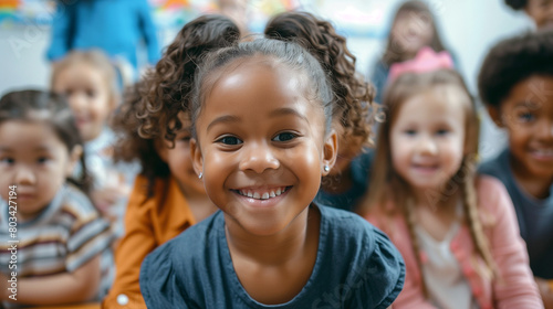 A diverse group of adorable kindergarten children in the classroom come together for creative activities and games.