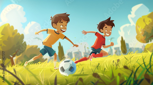 Football soccer training for kids  children football training scene  boys happily chasing the football on grass field.
