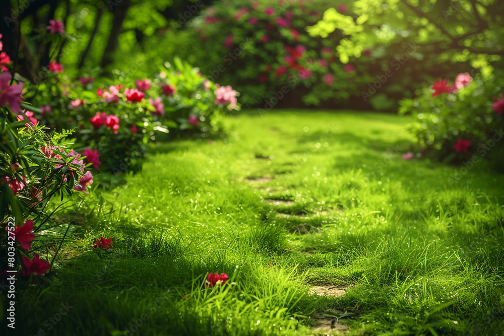 A pair of footprints in the soft grass of a serene park, surrounded by blooming flowers.