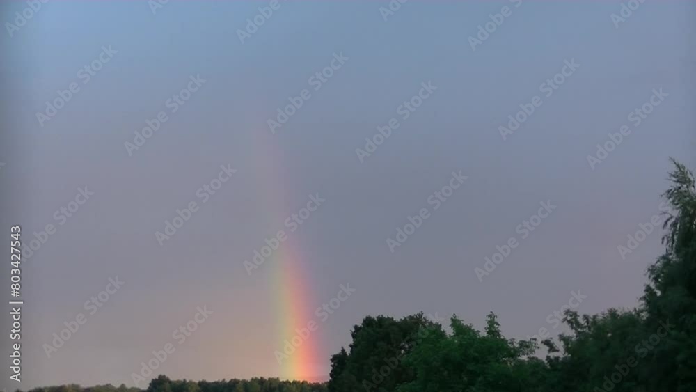 Sky with moving rainy clouds, rainbow fragment with neon colors and green trees moved by wind in spring windy evening - timelapse. Topics: weather, meteorology, climate, natural environment, season Sky with moving rainy clouds, rainbow fragment with neon colors and green trees moved by wind in spring windy evening - timelapse. Topics: weather, meteorology, climate, natural environment, season