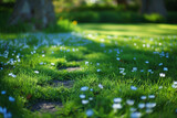 A pair of footprints in the soft grass of a serene park, surrounded by blooming flowers.