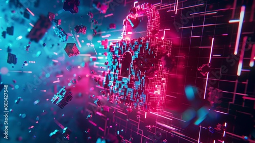Vibrant digital artwork featuring a glowing pixelated lock surrounded by dynamic particles and grids. photo