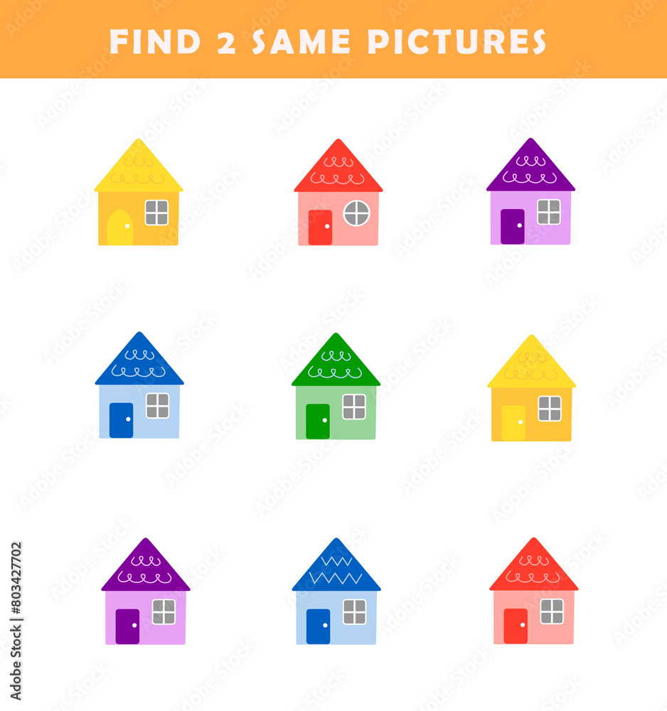 Find 2 same houses. Puzzle game for children. Preschool worksheet activity for kids. Educational game with cute house illustration.