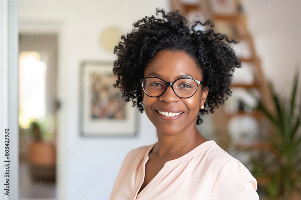 Portrait of a radiant african american woman wearing glasses and a pastel blouse, confidently smiling at her modern home office with a tasteful interior background Portrait of a radiant african american woman wearing glasses and a pastel blouse, confidently smiling at her modern home office with a tasteful interior background