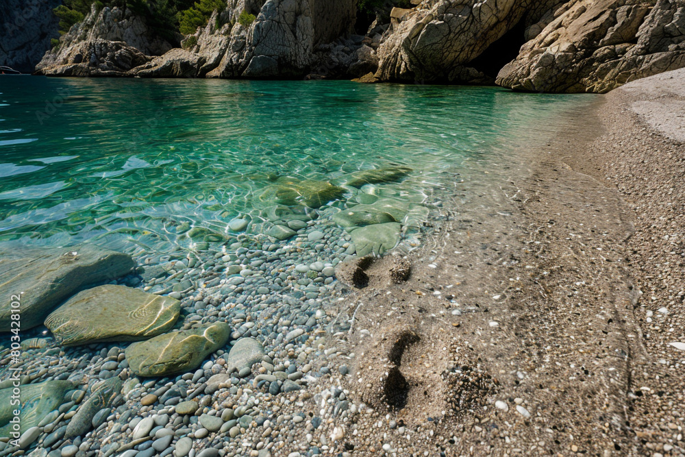 A pair of footprints on a pebbly beach, leading to a secluded cove with crystal-clear water.