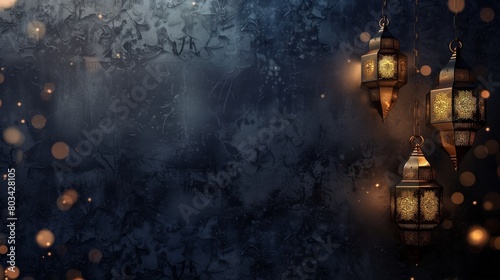Elegant lanterns hanging against a textured dark blue background, illuminated with soft golden light.