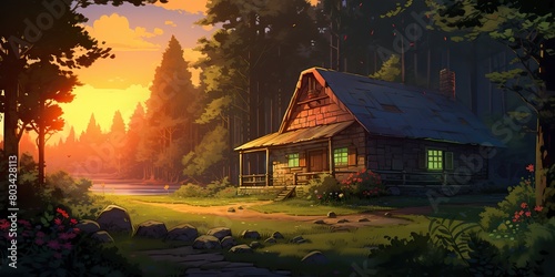 Nature outdoor architecture forest park log timber cabin house home building at sunset. Adventure travel vacation explore relaxing vibe scene