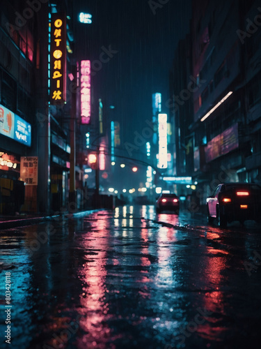 Dystopian cyberpunk city at night  an atmospheric illustration of rain-drenched streets in a futuristic metropolis  evoking a sense of solitude and desolation in K detail