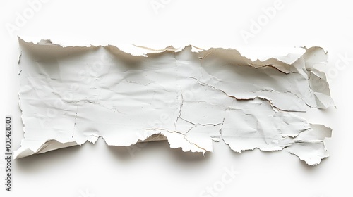 A textured piece of torn white paper with irregular edges and creases  isolated on a white background.