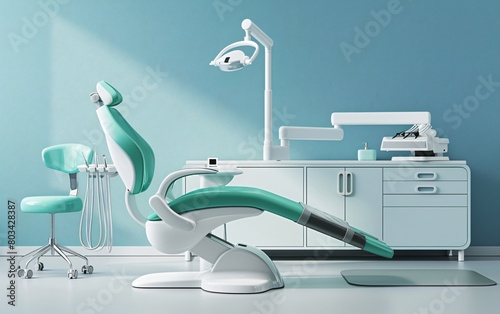 Dental clinic interior with a  dental chair and medical equipment in a modern white room 