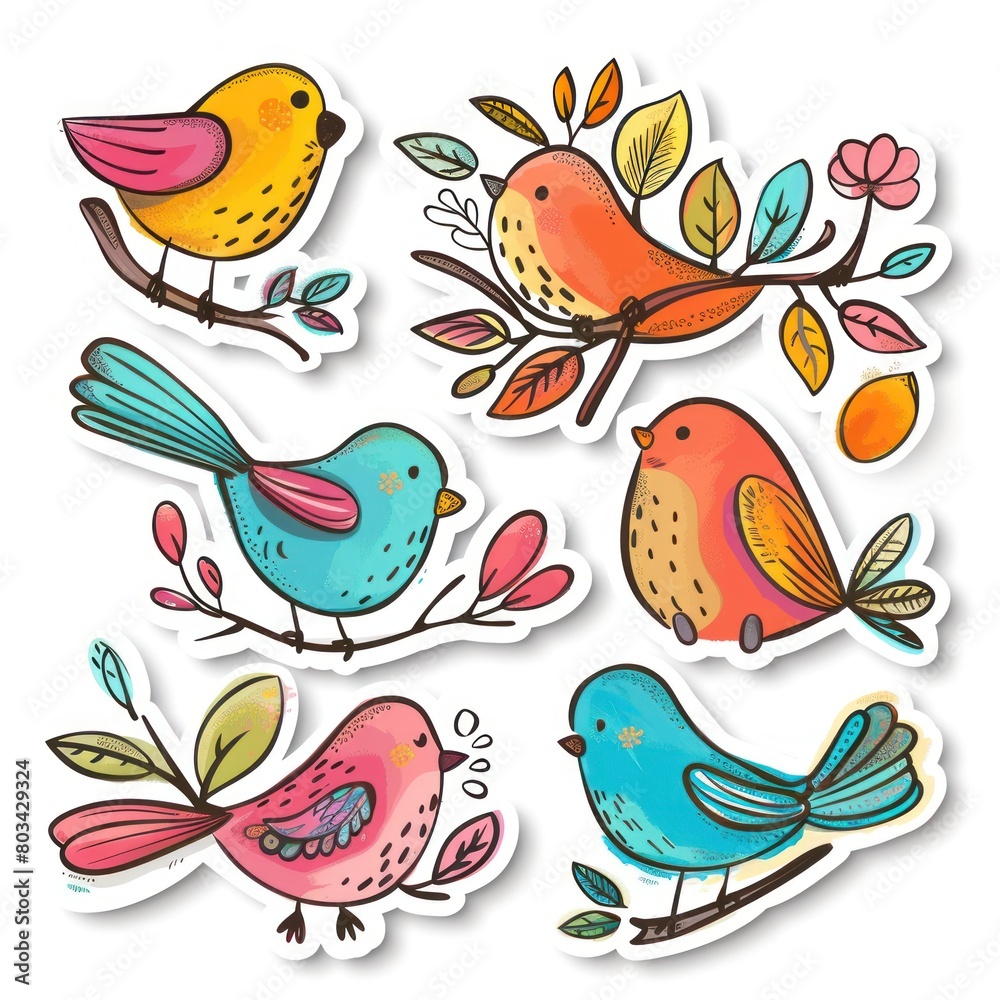 Set of watercolor bird stickers, featuring cute and colorful bird illustrations, ideal for nature-themed designs.