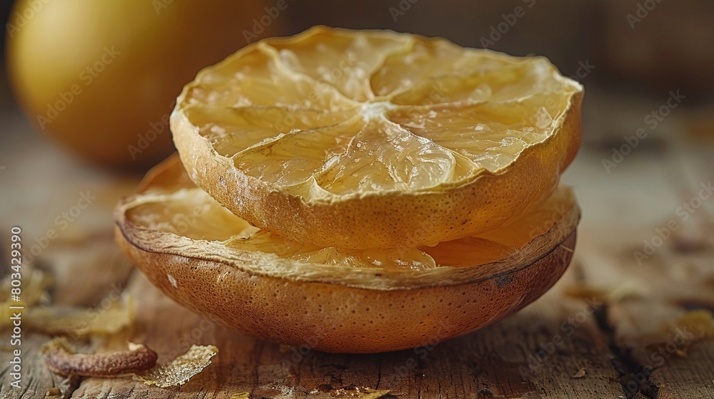   An orange sits atop a wooden table, surrounded by its peel