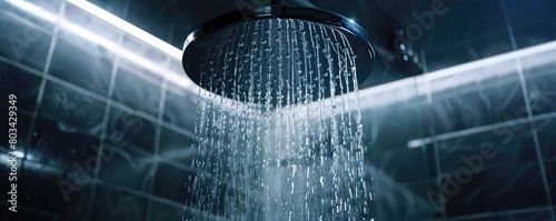 A close up of the rain shower head streaminf the water. Rainshower modern design.