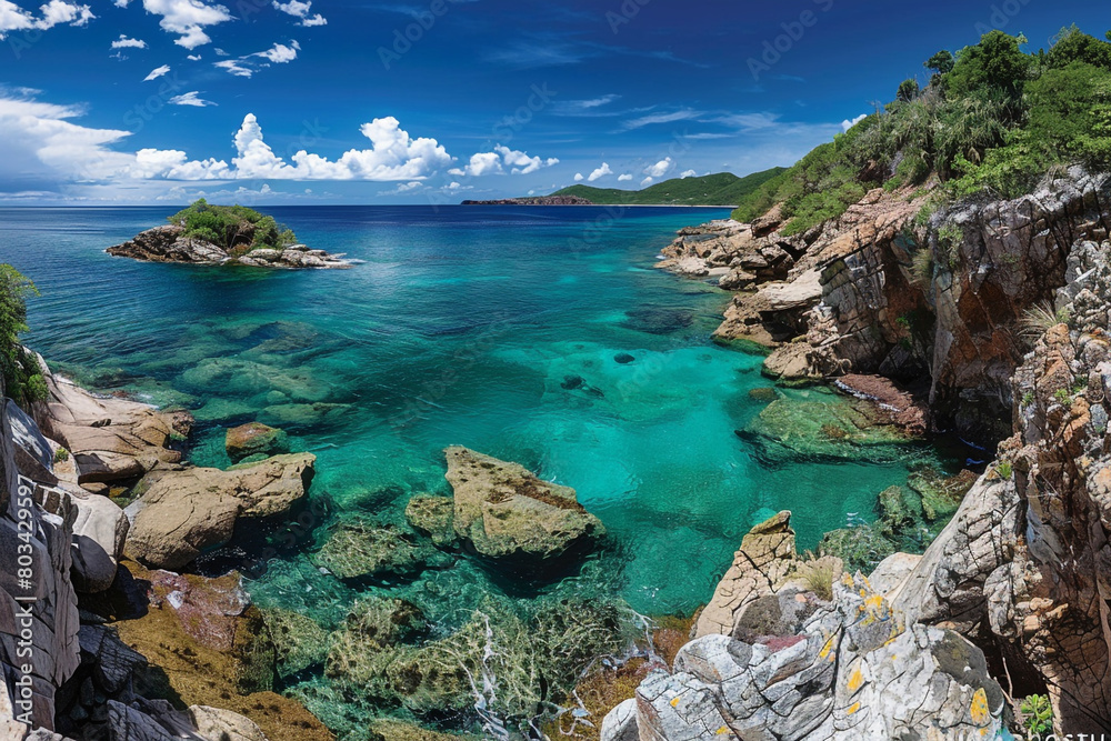 A panoramic photograph capturing the pristine beauty of Heart Island's coastline.