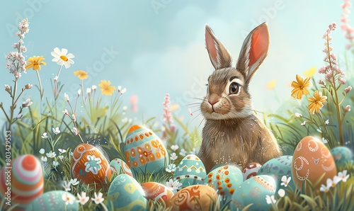 A charming illustration of a rabbit with intricate Easter eggs amid blooming branches , Generate AI.
