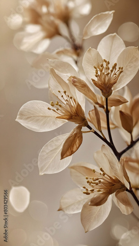 Embrace the essence of nature  soft flower petals and transparent beige leaves intertwine  forming a captivating natural texture for a serene background or wallpaper.