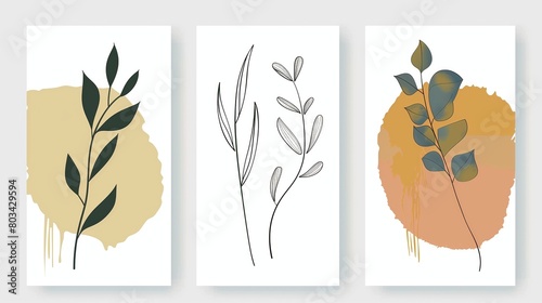 Set of three botanical art prints with minimalist plant designs on colorful abstract backgrounds.