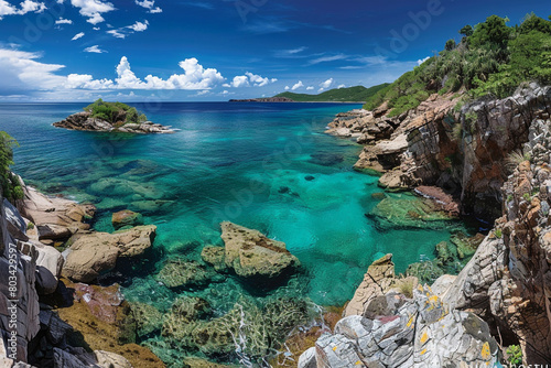 A panoramic photograph capturing the pristine beauty of Heart Island's coastline.