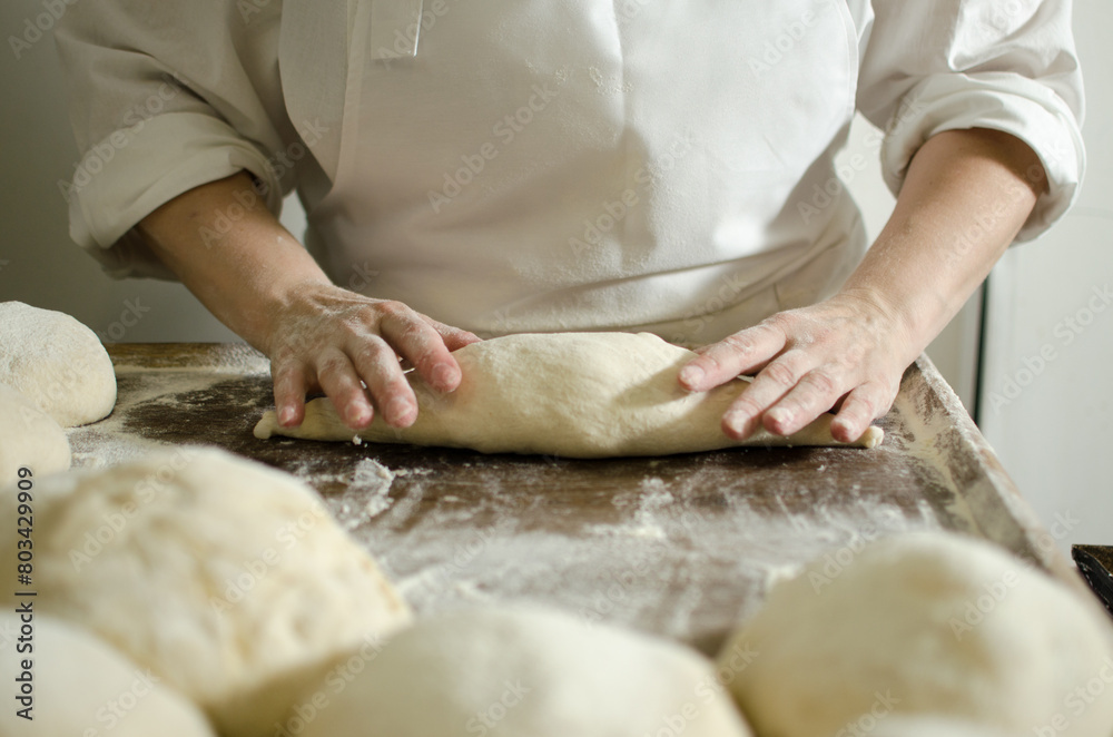 Handcrafting loaves of bread dough. Process occurs in a bakery. The dough is kneaded by warm hands. Handcrafting loaves of bread dough. Process occurs in a bakery. The dough is kneaded by warm hands.