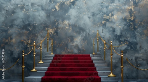 Luxurious red carpeted staircase flanked by golden stanchions against a moody, textured blue wall. photo