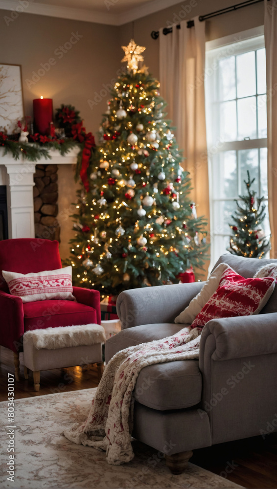 Embrace the holiday spirit, a warm and inviting living room adorned with Christmas decorations, featuring a splendidly decorated tree and snug blankets and pillows.