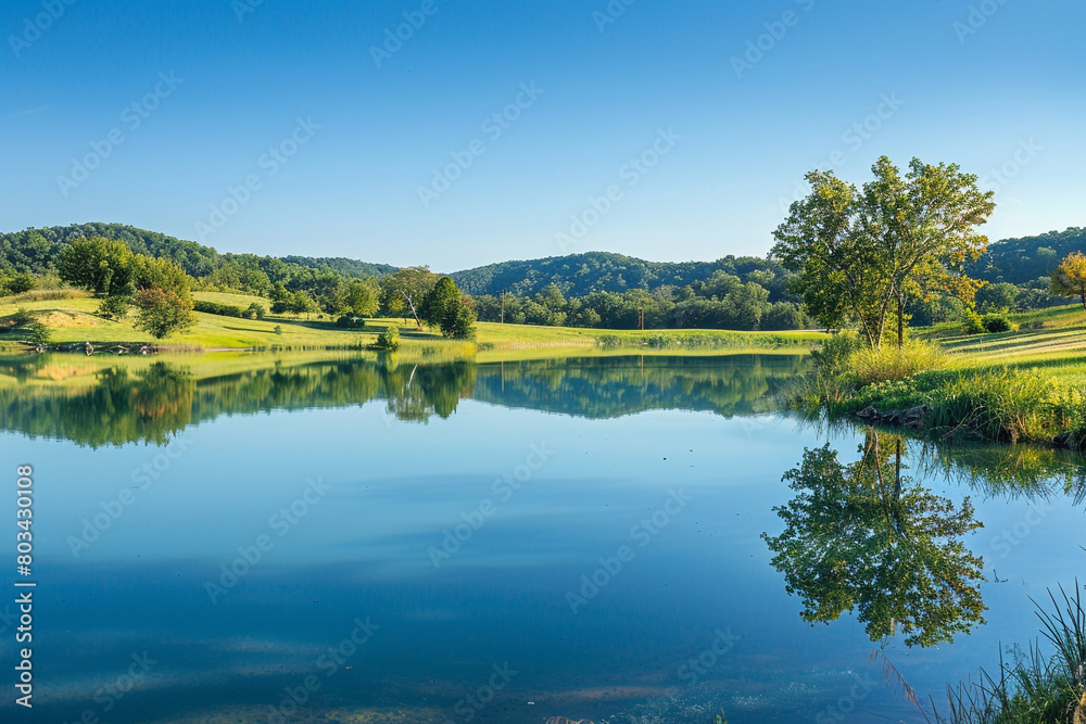A panoramic view of a serene lake reflecting the clear blue sky above, with the surrounding landscape bathed in soft, natural light.