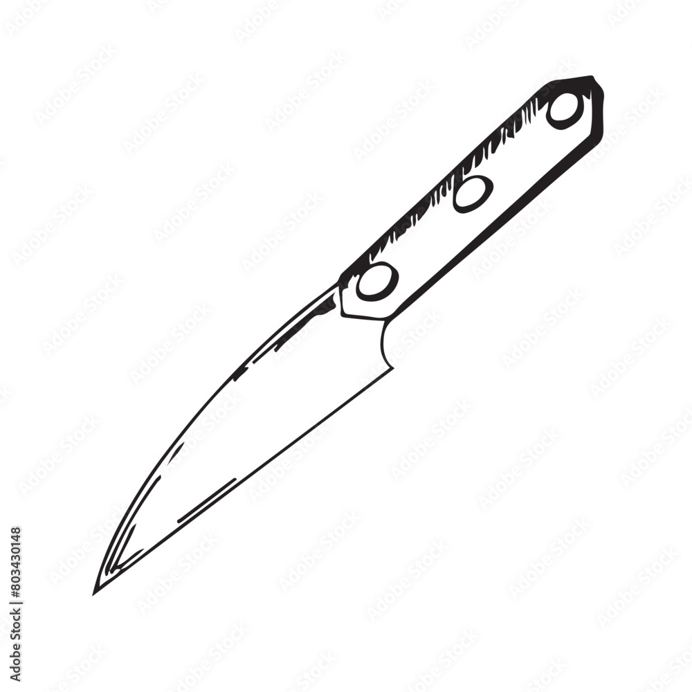 Kitchen knife. Kitchen equipment rendered in vector. Kitchen knife with a wide blade and handle drawn with a black outline. Suitable for kitchen design, fabric, tableware, packaging and scrapbooking. Kitchen knife. Kitchen equipment rendered in vector. Kitchen knife with a wide blade and handle drawn with a black outline. Suitable for kitchen design, fabric, tableware, packaging and scrapbooking.