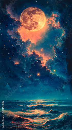 Ethereal Moonlit Seascape with Fiery Clouds and Waves