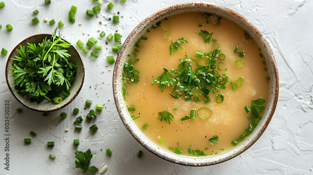 Creamy soup topped with fresh chopped herbs in a rustic bowl, accompanied by a side of green herbs on a white textured background. Top view composition. Healthy and vegetarian food concept. Creamy soup topped with fresh chopped herbs in a rustic bowl, accompanied by a side of green herbs on a white textured background. Top view composition. Healthy and vegetarian food concept.
