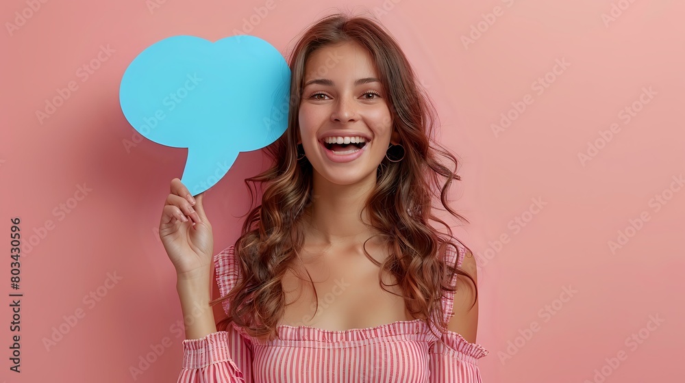 Vibrant Female with Speech Bubble Prop on Soft Pink