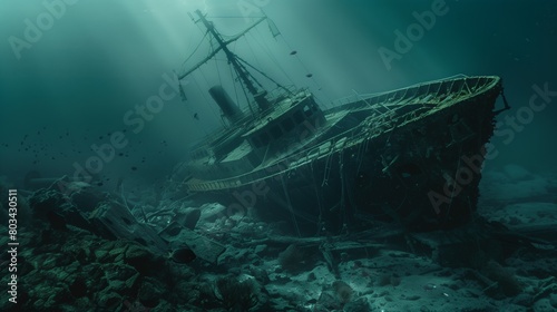Eerie underwater scene showing a sunken shipwreck surrounded by marine life and beams of light from above.