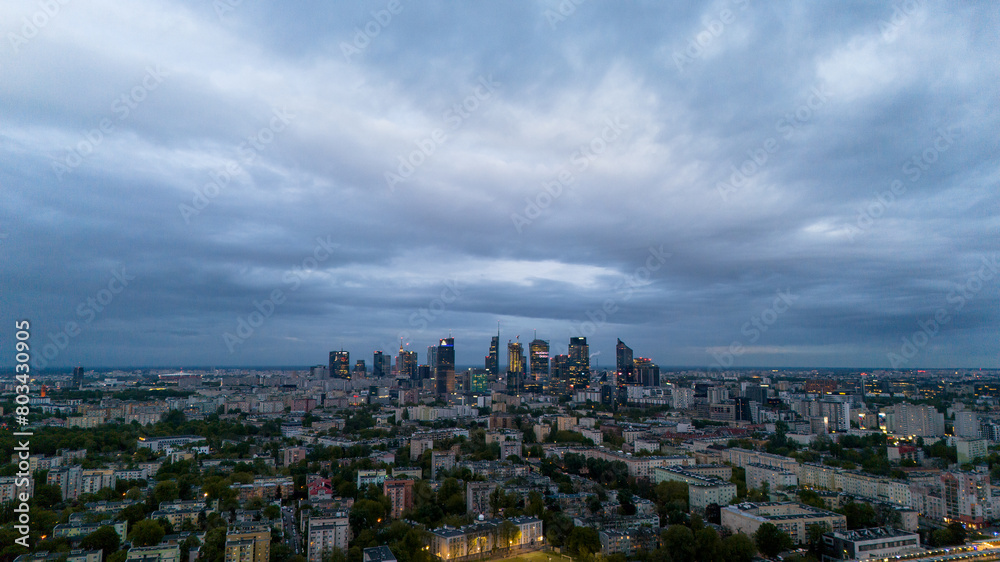 Fototapeta premium Bird's eye view of the city of Warsaw in Poland in the spring evening
