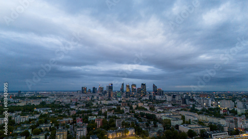 Bird's eye view of the city of Warsaw in Poland in the spring evening