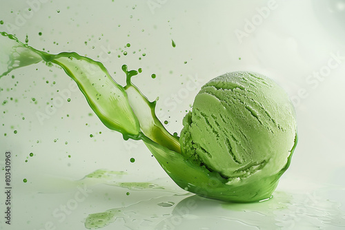 A perfectly spherical green ice cream scoop seeming to fly on its own, creating an elegant splash. © Faisu