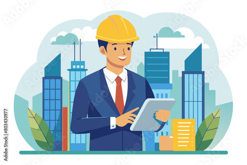 businessman construction site business architect building engineer builder tablet helmet architecture blueprint worker man contractor adult engineering industry modern flat design simple vector