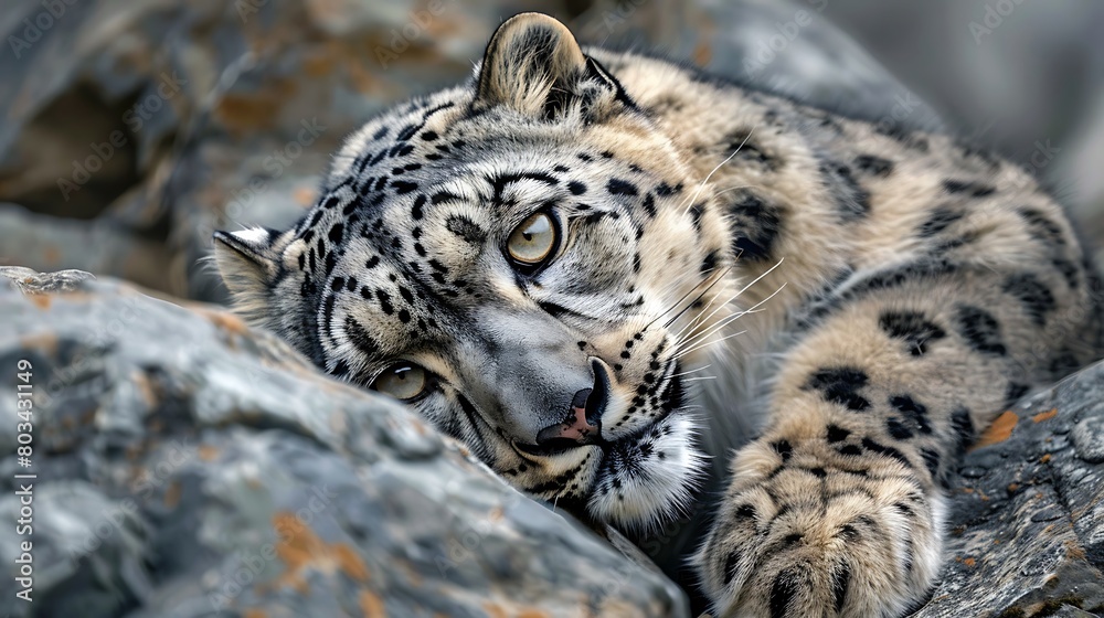 Naklejka premium Close up of a snow leopard lying on rocks looking at the camera
