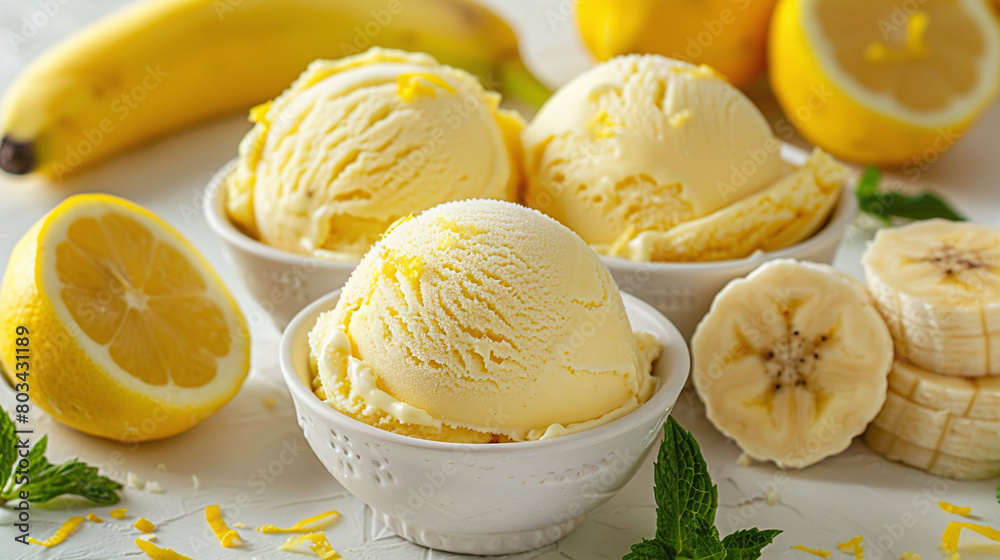 Bowls of lemon and banana ice cream garnished with fresh banana slices, whole lemons, and mint leaves on a light background. Close-up view with focus on details. Refreshing summer dessert concept. Bowls of lemon and banana ice cream garnished with fresh banana slices, whole lemons, and mint leaves on a light background. Close-up view with focus on details. Refreshing summer dessert concept.