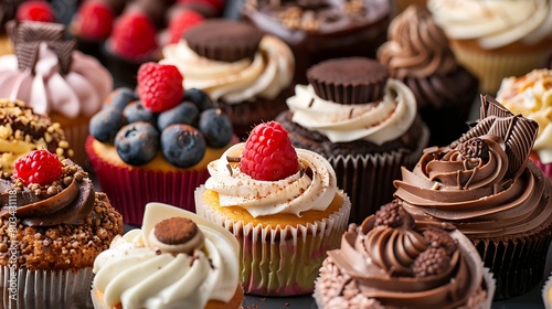 Close up horizontal color image depicting a selection of freshly baked delicious cakes and cupcakes