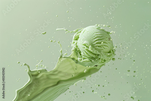 A perfectly suspended scoop of green ice cream seemingly in flight, accompanied by a beautifully shaped splash. © Faisu