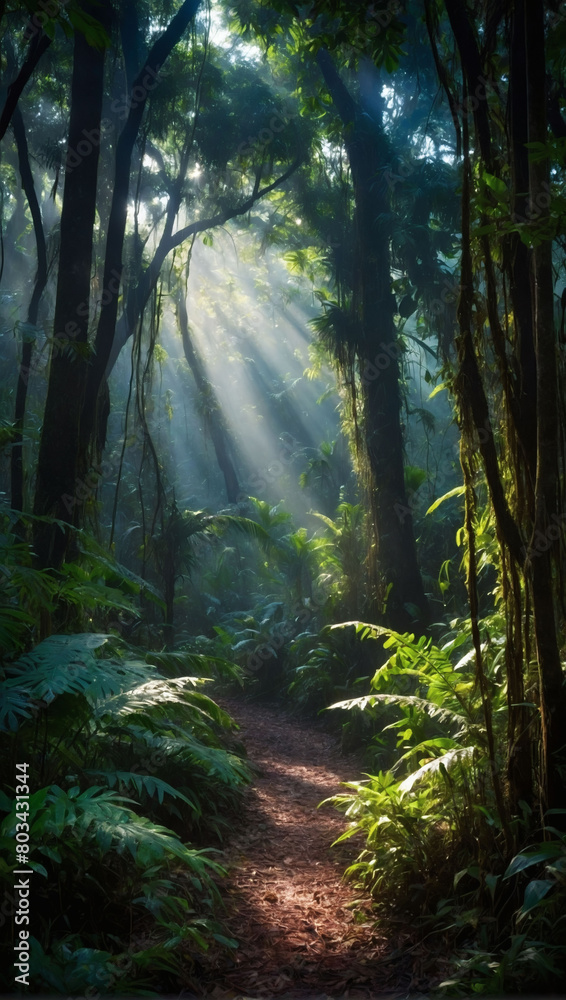 Enter a realm of enchantment, a dark rainforest alive with sun rays filtering through the trees, casting an ethereal glow over the rich tapestry of jungle greenery in a mystical fantasy forest.