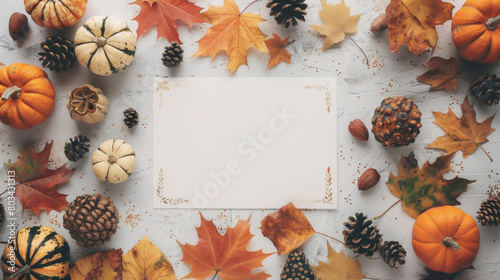 Autumn-themed frame with pumpkins and dry leaves. Fall decoration border around a blank paper. Copy space. Mockup. Concept of autumn harvest, Thanksgiving backdrop, Halloween, festive decor.