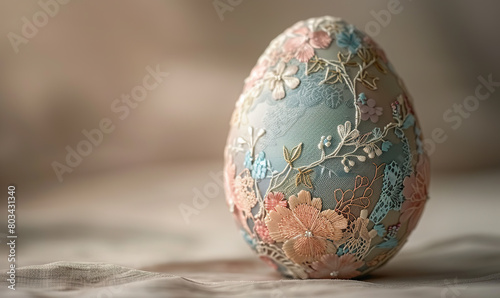 An intricately designed Easter egg with floral patterns on a soft fabric background    Generate AI