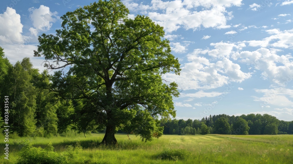 Lonely green oak tree in forest meadow Lonely green oak tree in forest meadow