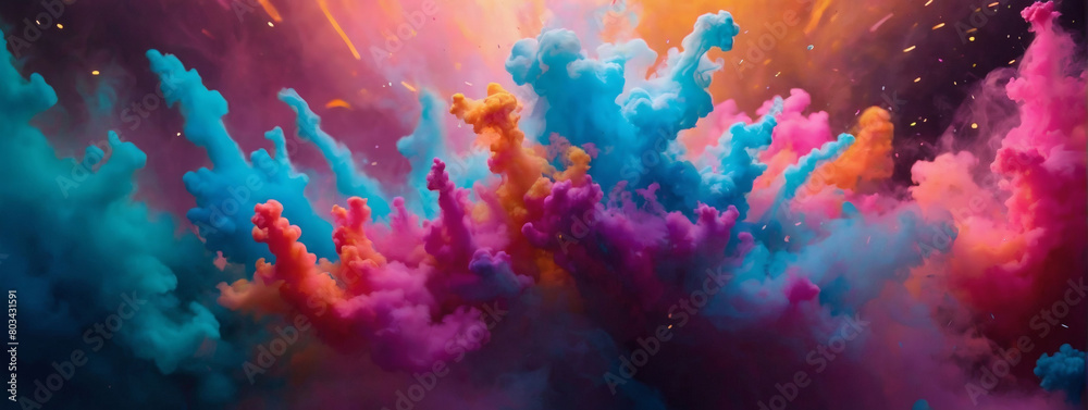 Enter a realm of wonder, neon smoke and Holi paint collide in a burst of vibrant energy, crafting an abstract and psychedelic pastel light background reminiscent of a dream.