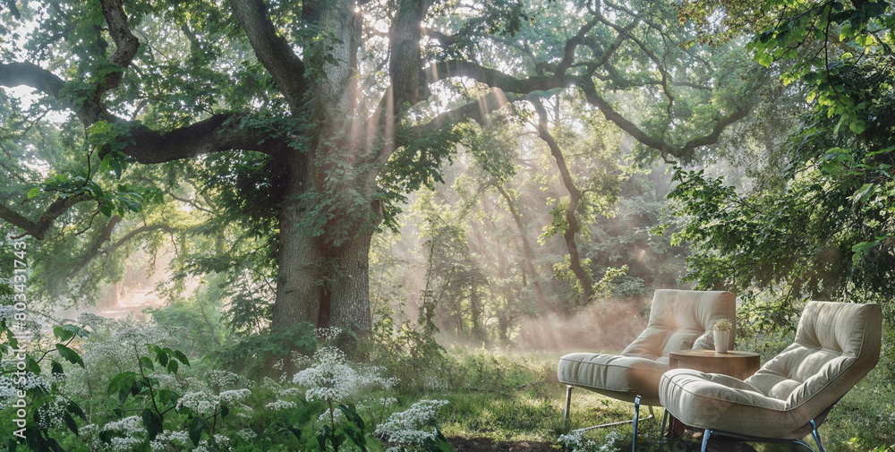 A white sun lounger in a misty garden, offering a peaceful retreat within embrace of nature.



